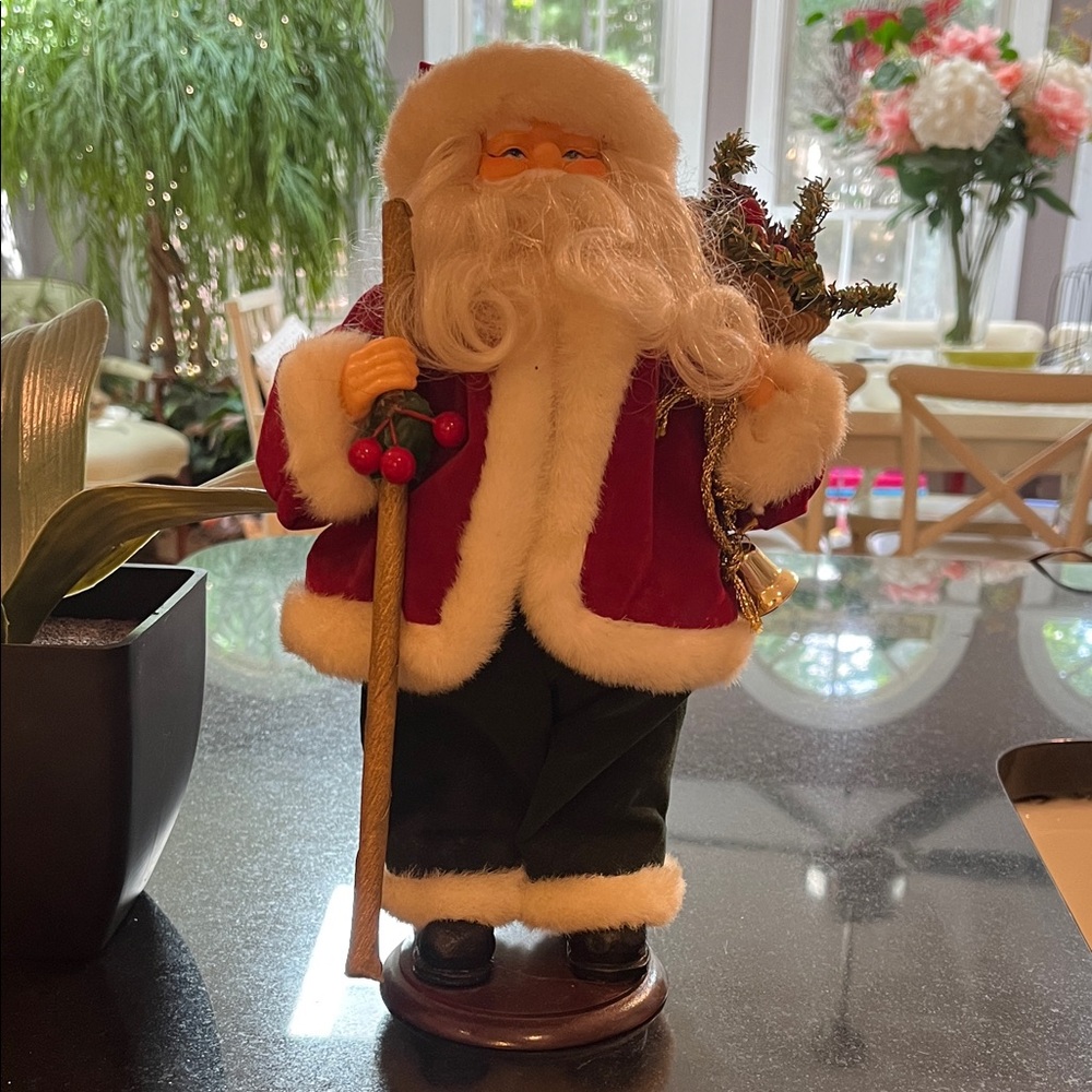 11.5" Vintage Santa Clause Figurine with Red Coat & Wooden Staff
